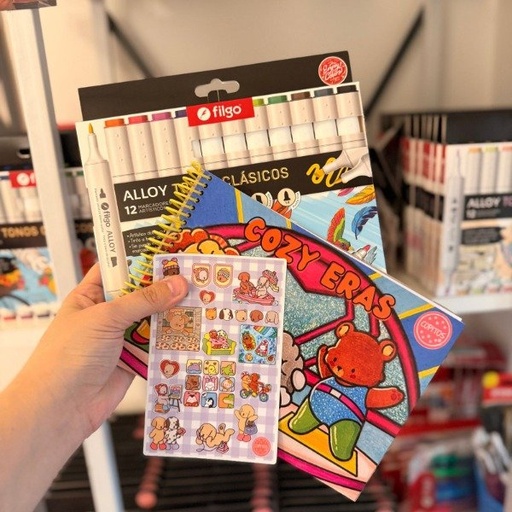 Kit libro para pintar Cozy Eras + marcadores filgo Alloy doble punta