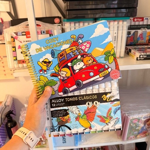 Kit libro para pintar Cozy de vacaciones + marcadores filgo Alloy doble punta